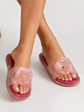 kate spade Pink Glitter Floral Slide Sandals size 7